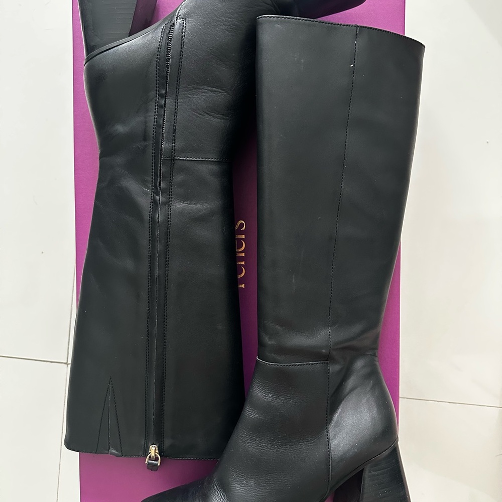 Feners Le Midnight Square Toe Black Knee-High Leather Boots
